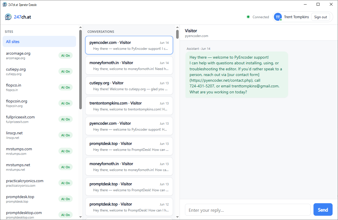 The 247chat desktop Operator Console: every conversation across all your sites in one window.