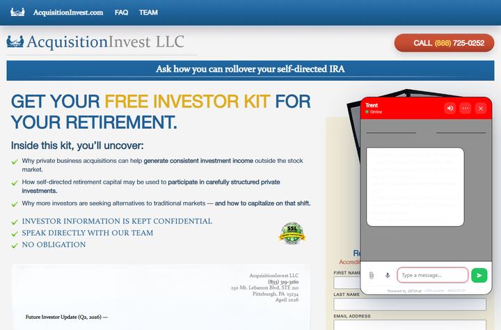 247chat live-chat widget running on Acquisition Invest
